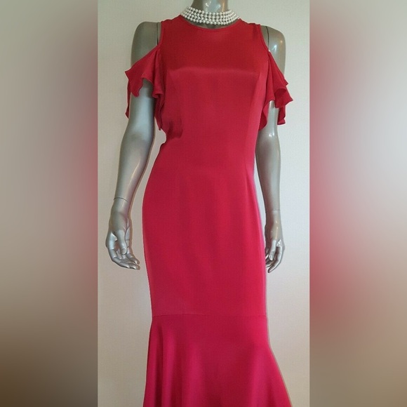 $650 THEIA RED GERANIUM SILK LOVE RUFFLE RUNWAY DRESS GOWN US 4 - Picture 5 of 5
